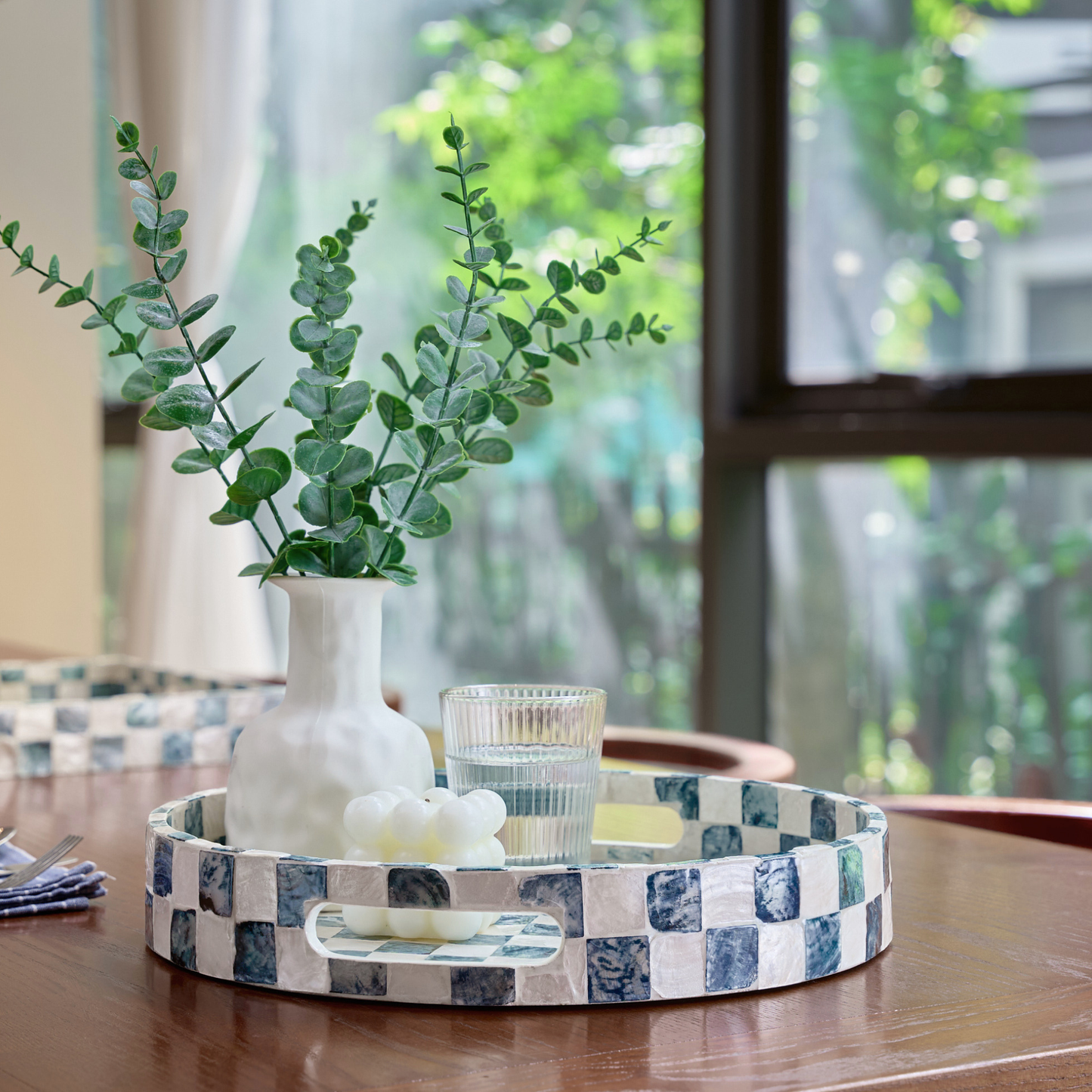 Round Navy Blue Checkered Capiz Shell Tray