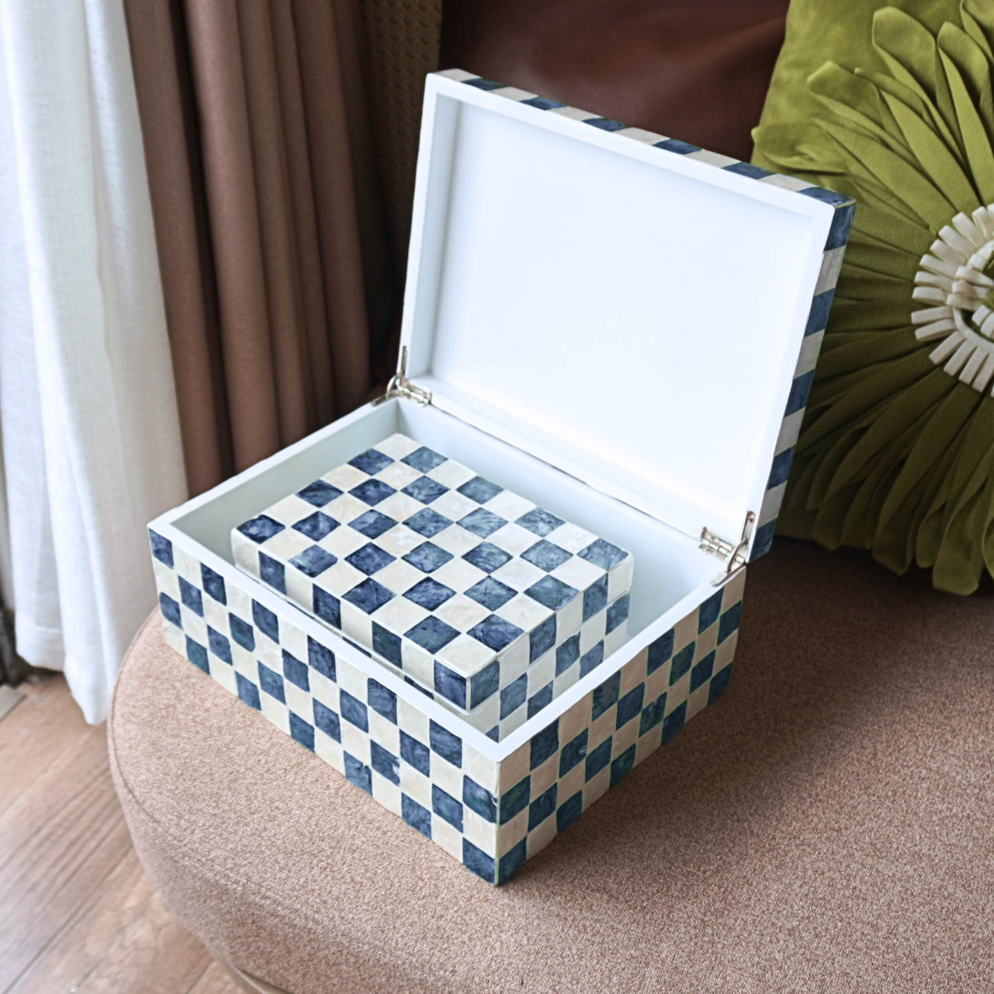 Set of 2 Checkered Capiz Decorative Boxes, Navy Blue