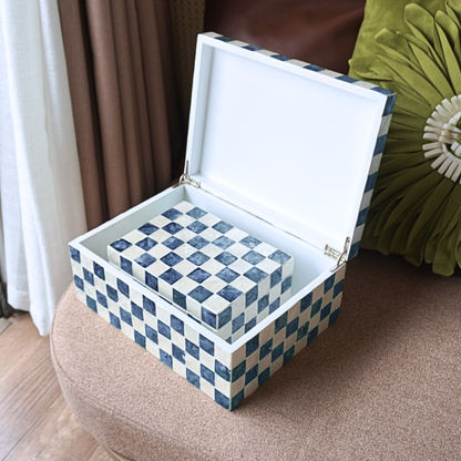 Set of 2 Checkered Capiz Decorative Boxes, Navy Blue