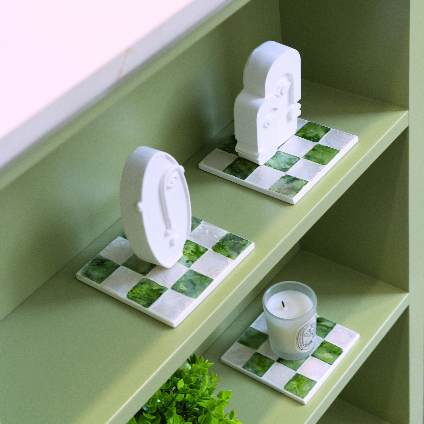 Set of 6 Square Checkered Capiz Shell Coasters with Holder - Pistachio Green