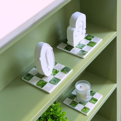 Set of 6 Square Checkered Capiz Shell Coasters with Holder - Pistachio Green