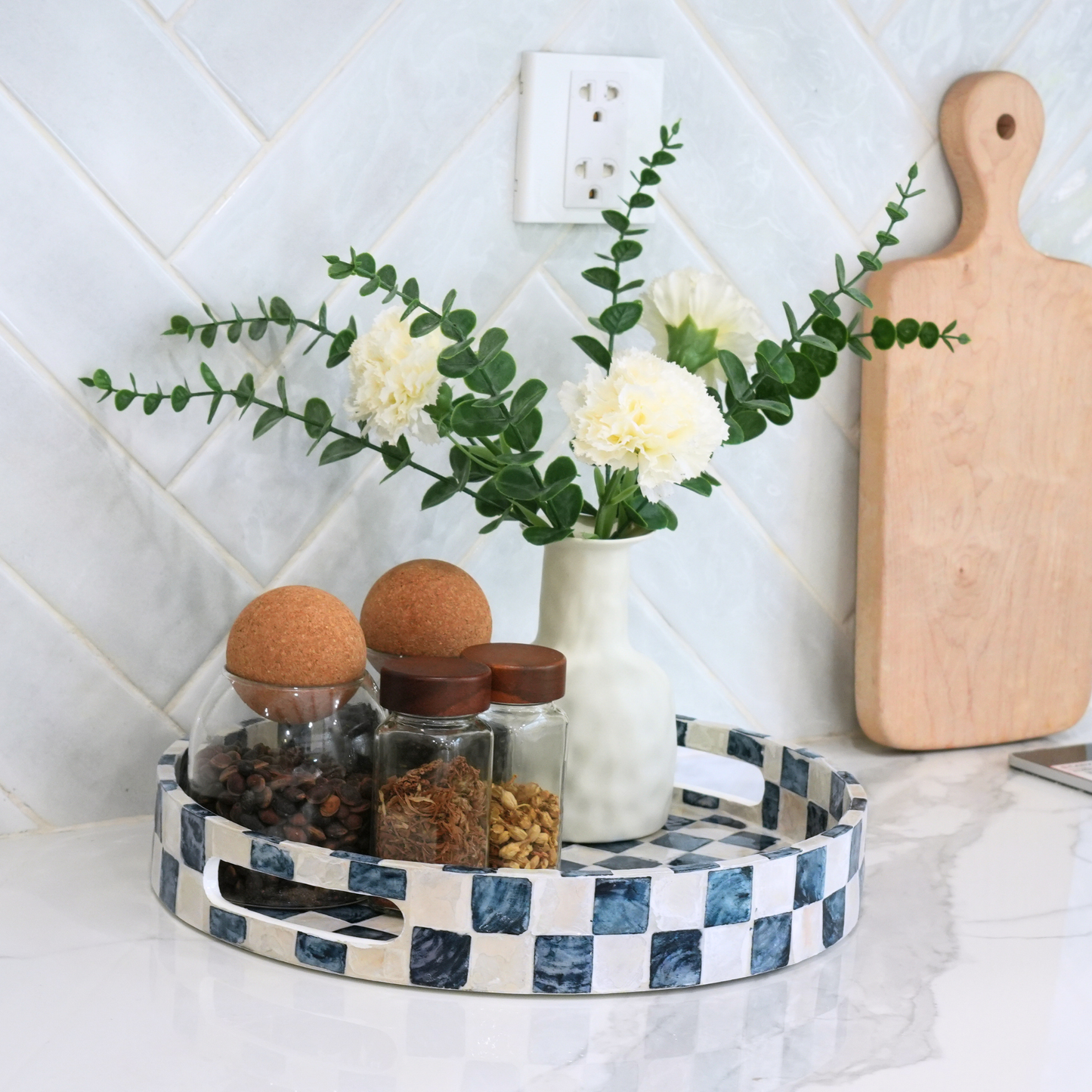 Round Navy Blue Checkered Capiz Shell Tray