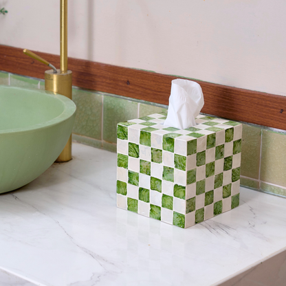 5.9" Checkered Square Tissue Box Cover, Pistachio Green