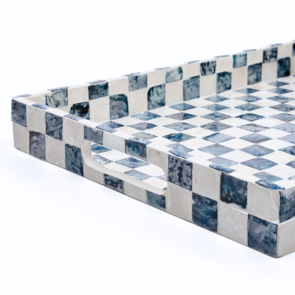 Capiz Shell Rectangular Serving Tray Navy Blue Checkered