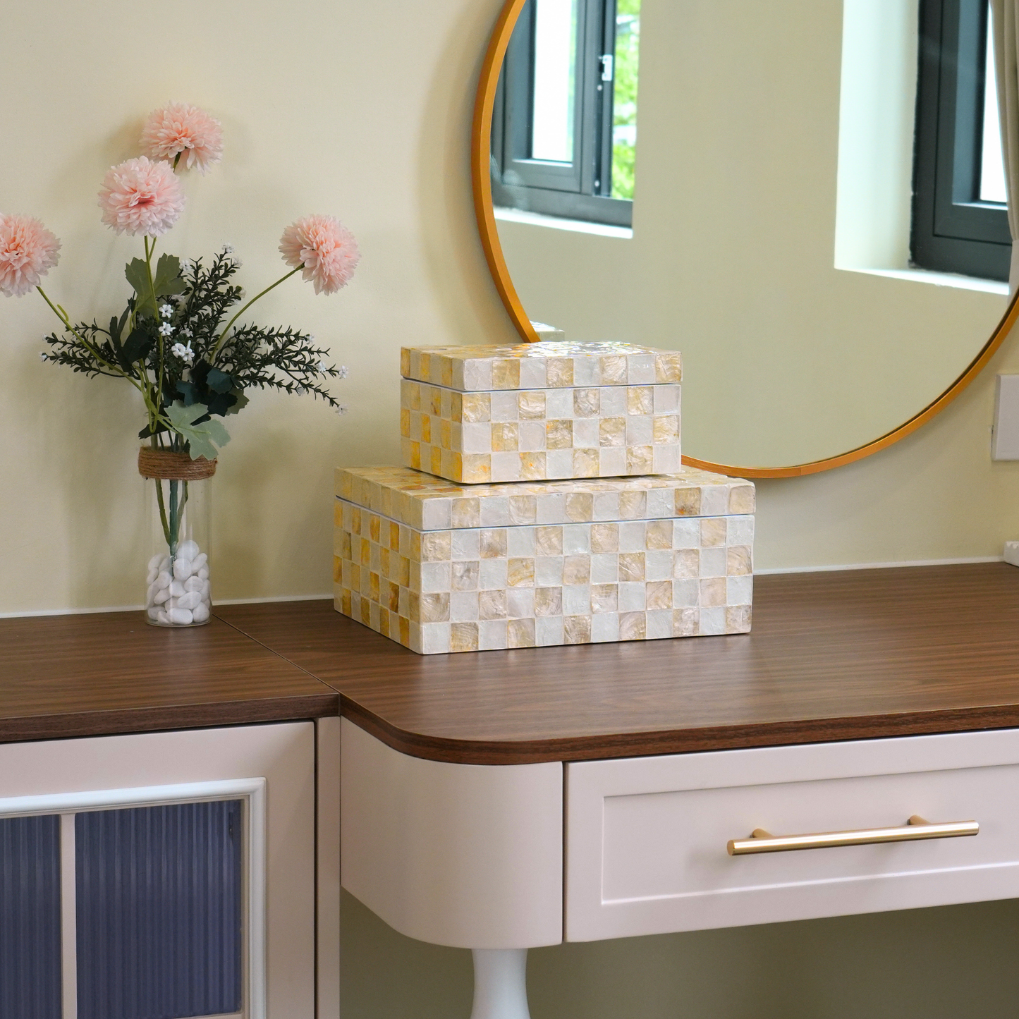 Set of 2 Rectangular Checkered Capiz Shell Storage Boxes Ivory
