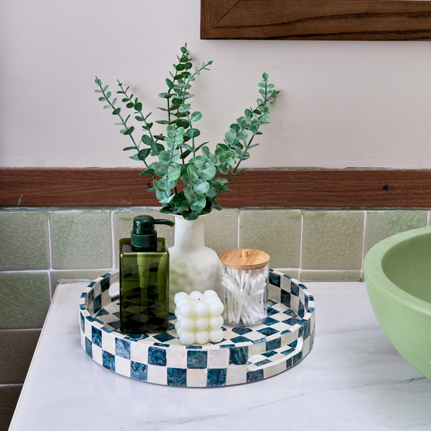 Round Navy Blue Checkered Capiz Shell Tray