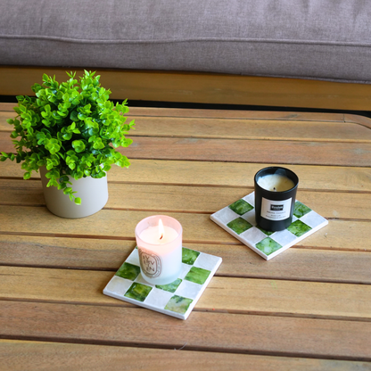 Set of 6 Square Checkered Capiz Shell Coasters with Holder - Pistachio Green