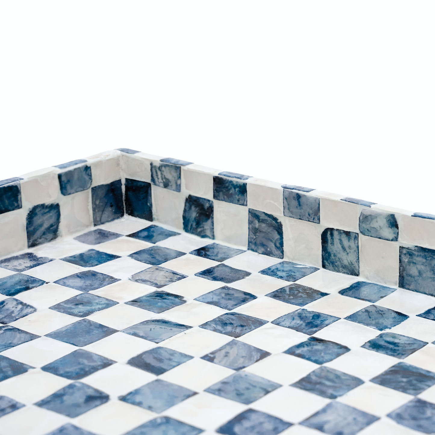 Capiz Shell Rectangular Serving Tray Navy Blue Checkered