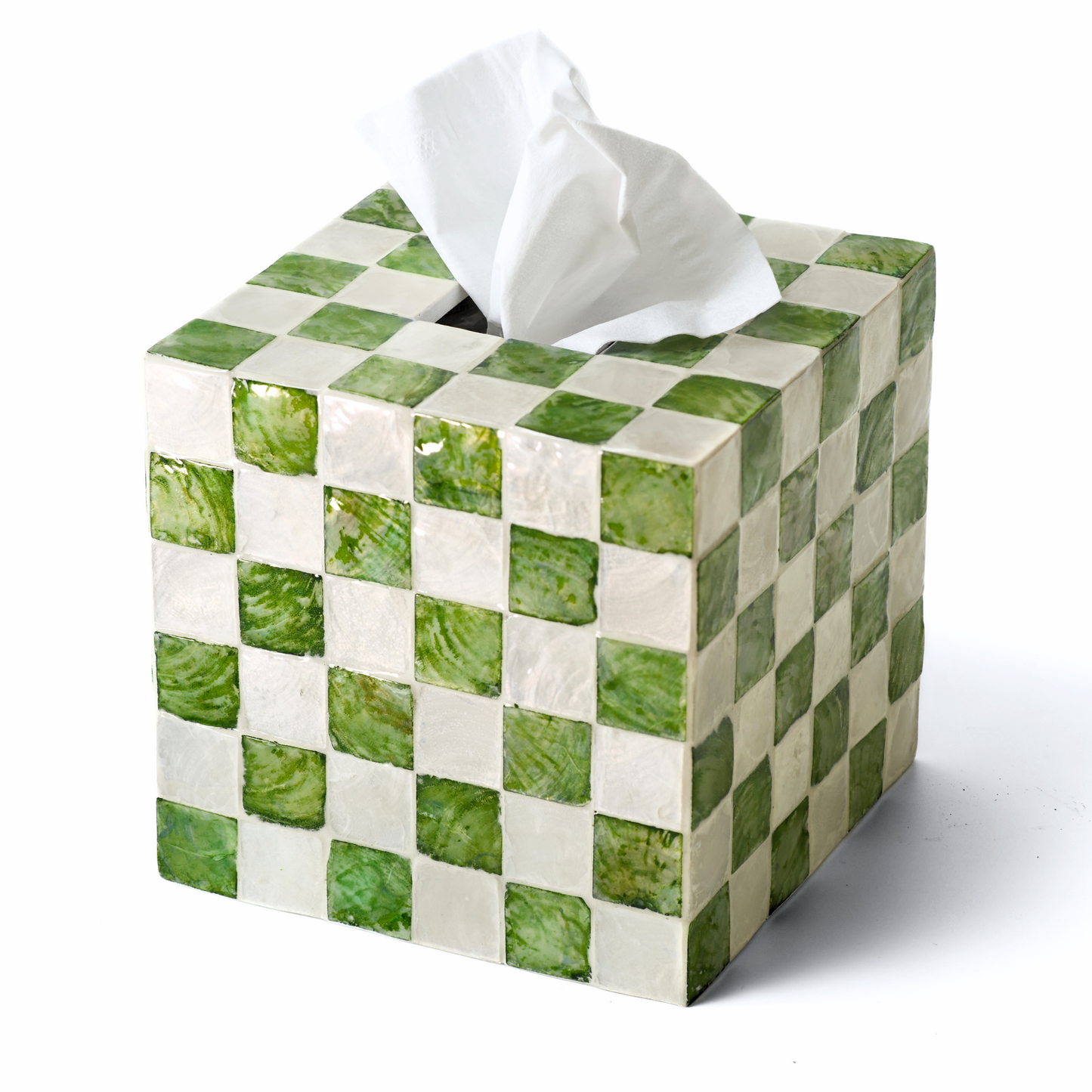 5.9" Checkered Square Tissue Box Cover, Pistachio Green