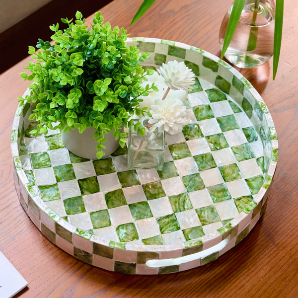 Capiz Round Checkered Tray - Pistachio Green