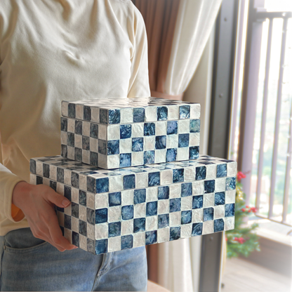 Set of 2 Checkered Capiz Decorative Boxes, Navy Blue