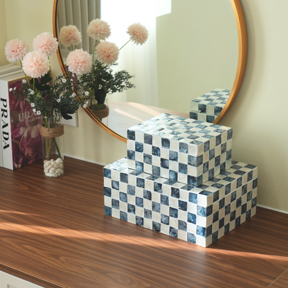 Set of 2 Checkered Capiz Decorative Boxes, Navy Blue