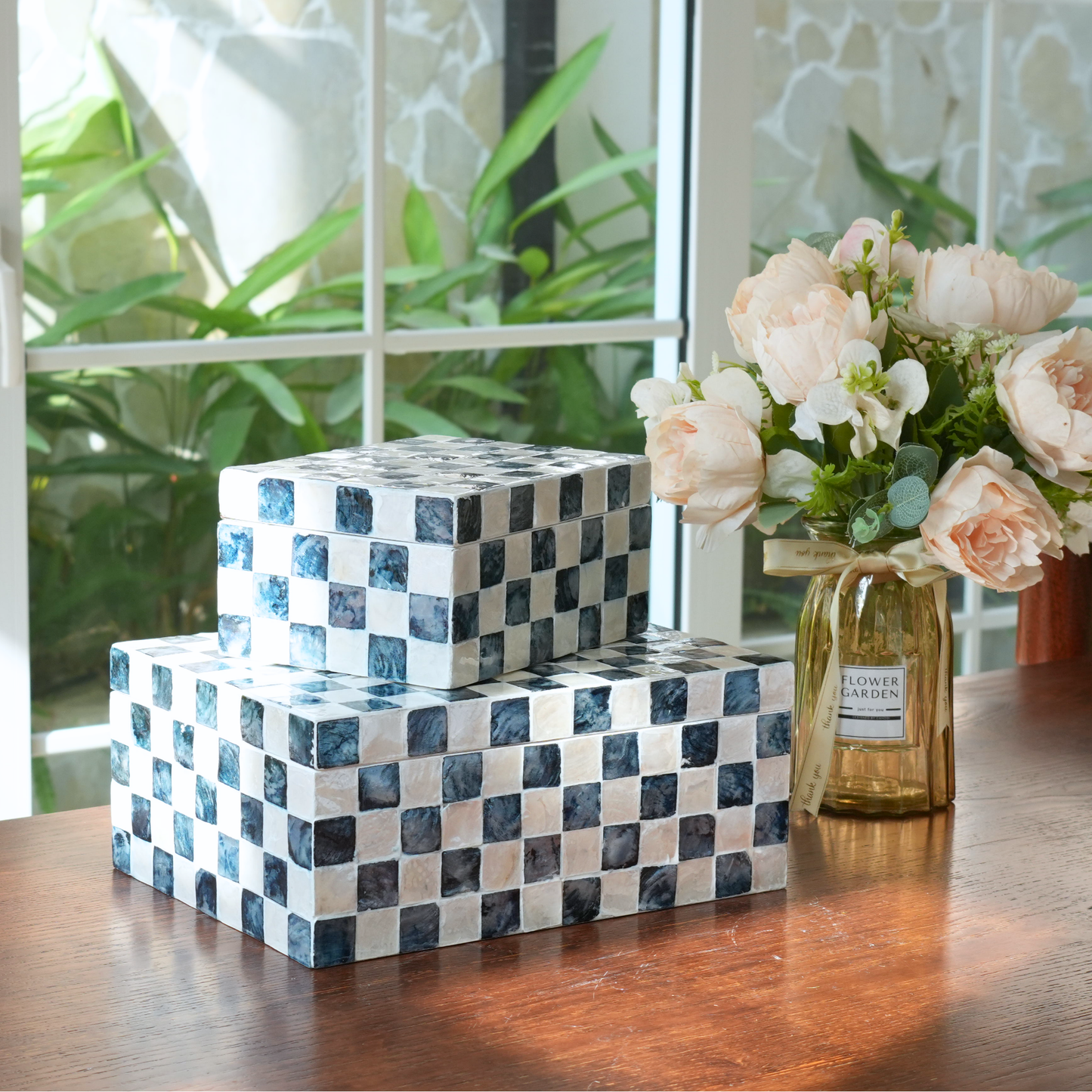 Set of 2 Checkered Capiz Decorative Boxes, Navy Blue