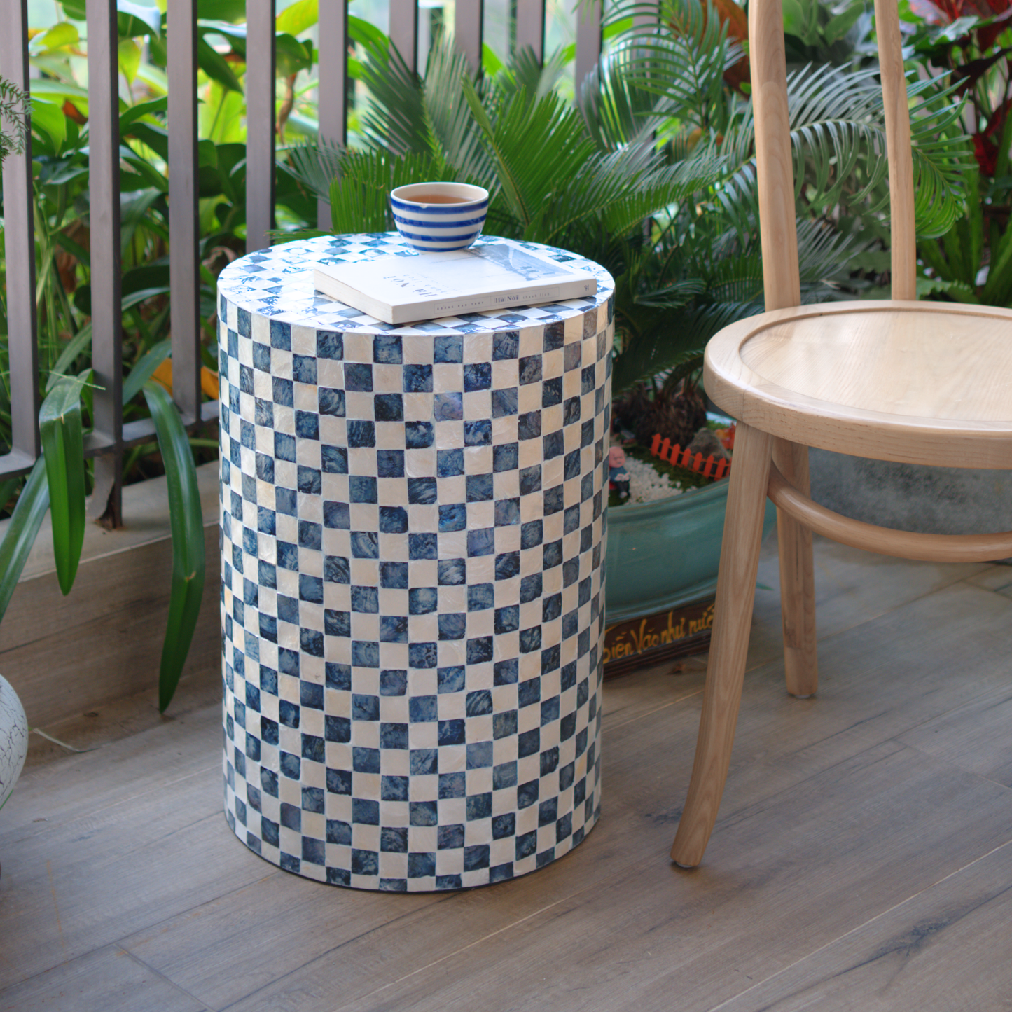Cylindrical Capiz Side Table - Navy Blue
