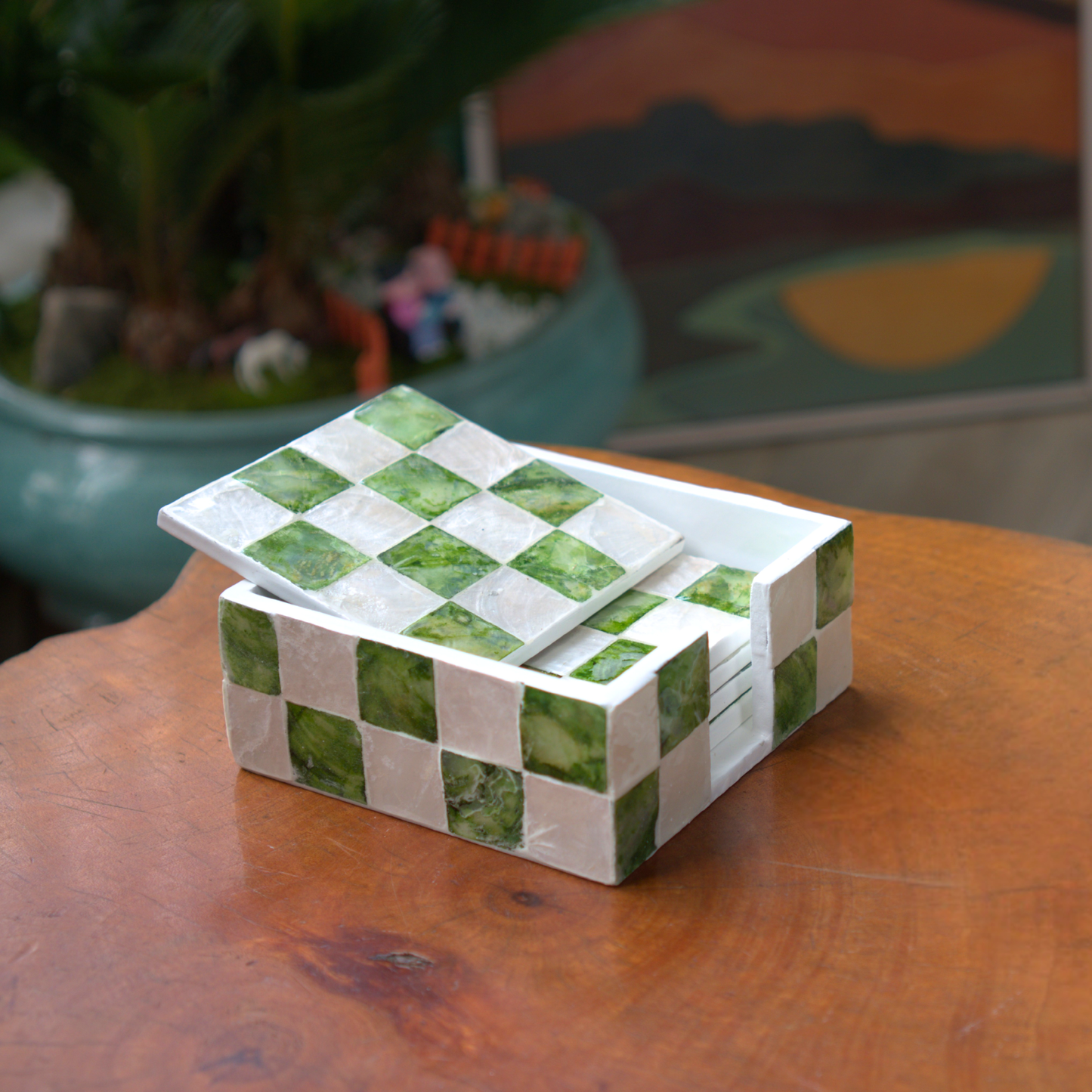 Set of 6 Square Checkered Capiz Shell Coasters with Holder - Pistachio Green