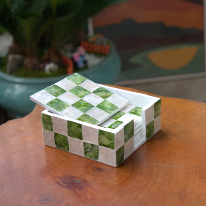 Set of 6 Square Checkered Capiz Shell Coasters with Holder - Pistachio Green