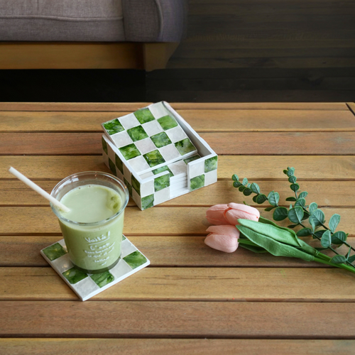 Set of 6 Square Checkered Capiz Shell Coasters with Holder - Pistachio Green