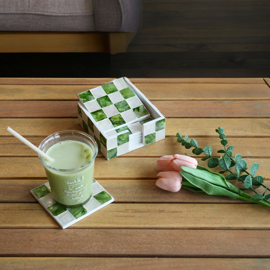 Set of 6 Square Checkered Capiz Shell Coasters with Holder - Pistachio Green