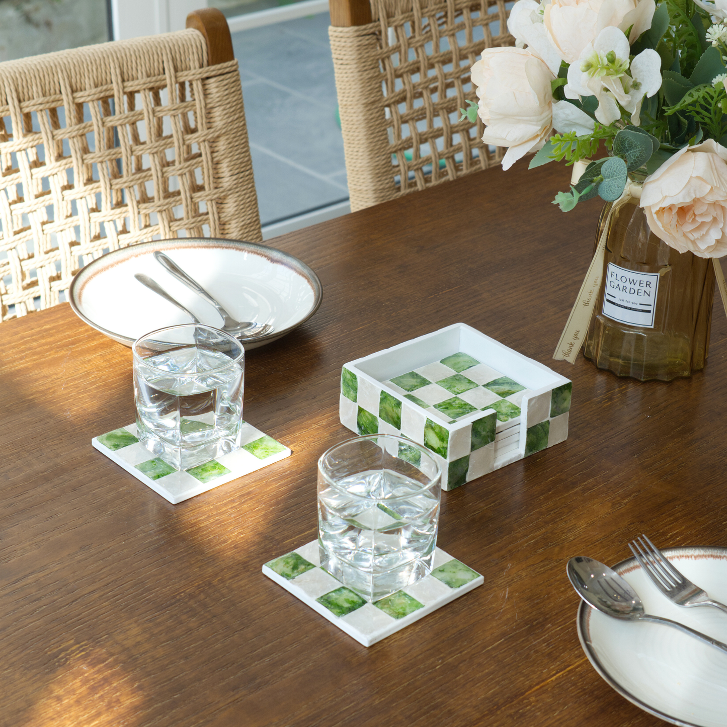 Set of 6 Square Checkered Capiz Shell Coasters with Holder - Pistachio Green