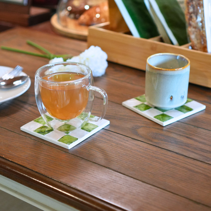 Set of 6 Square Checkered Capiz Shell Coasters with Holder - Pistachio Green