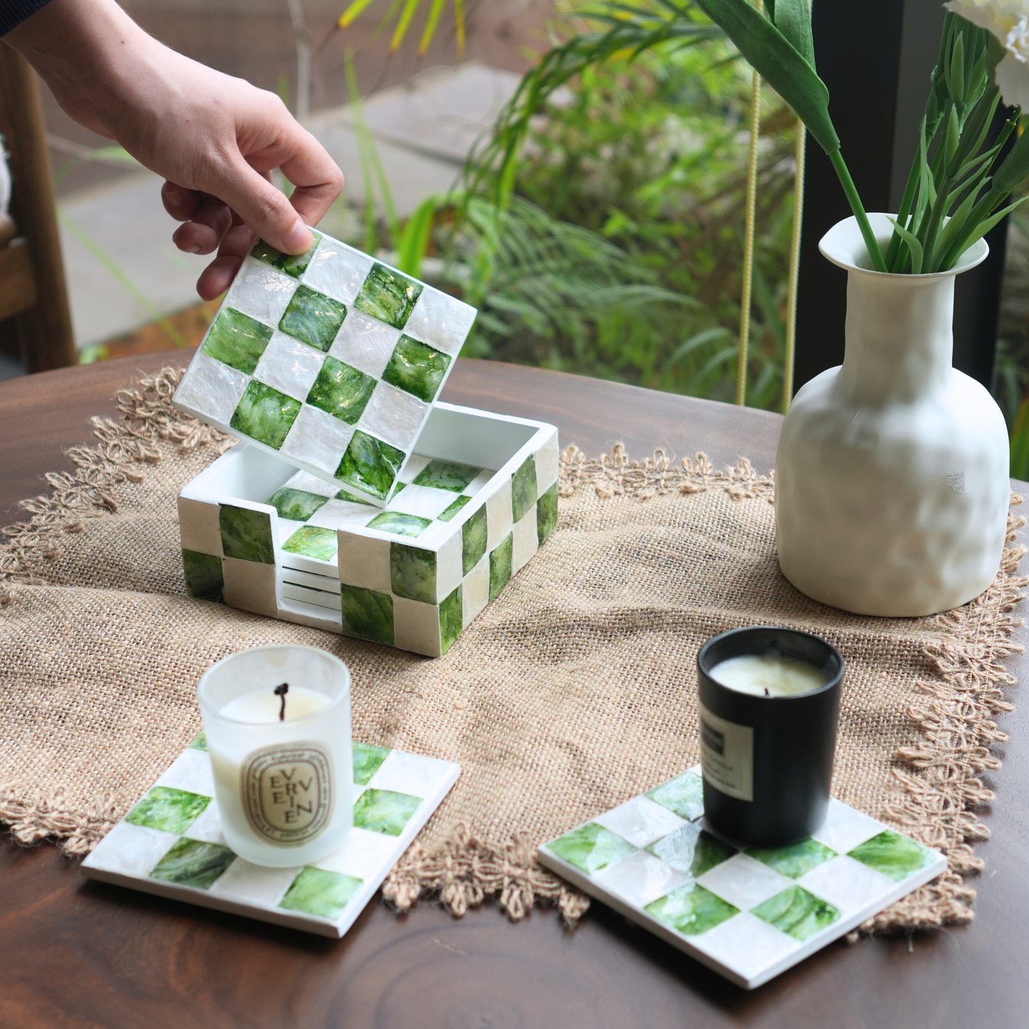 Set of 6 Square Checkered Capiz Shell Coasters with Holder - Pistachio Green