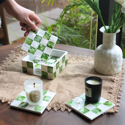 Set of 6 Square Checkered Capiz Shell Coasters with Holder - Pistachio Green