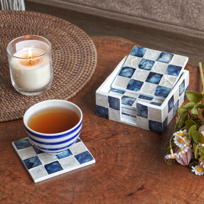 Set of 6 Capiz Checkered Square Coasters with Holder - Navy Blue