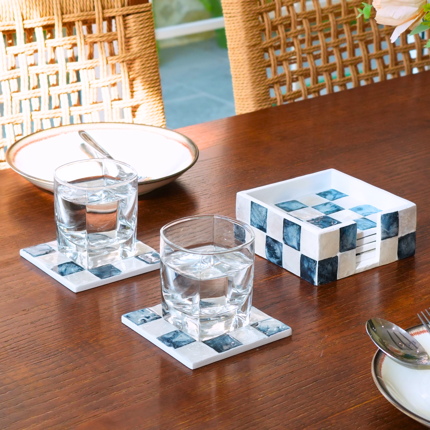 Set of 6 Capiz Checkered Square Coasters with Holder - Navy Blue