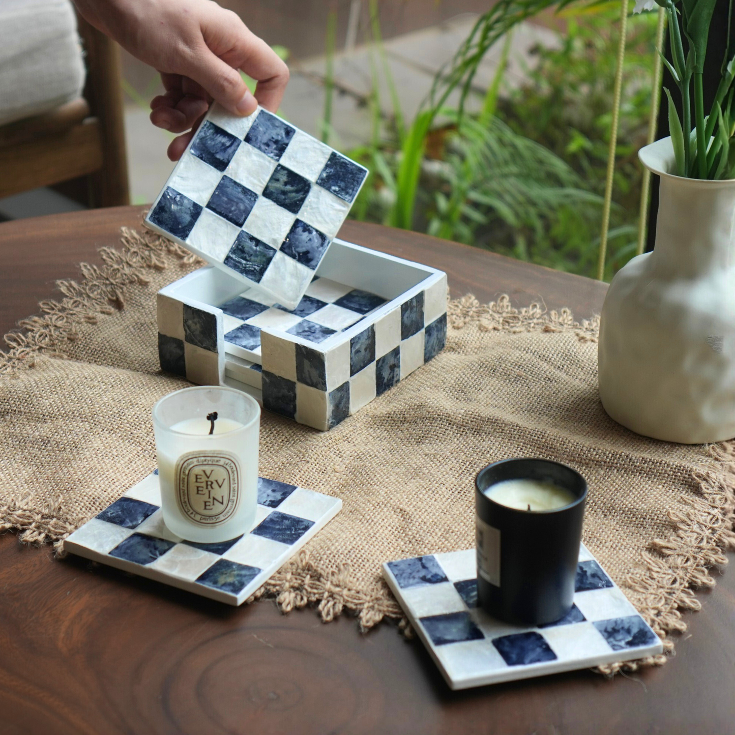 Set of 6 Capiz Checkered Square Coasters with Holder - Navy Blue