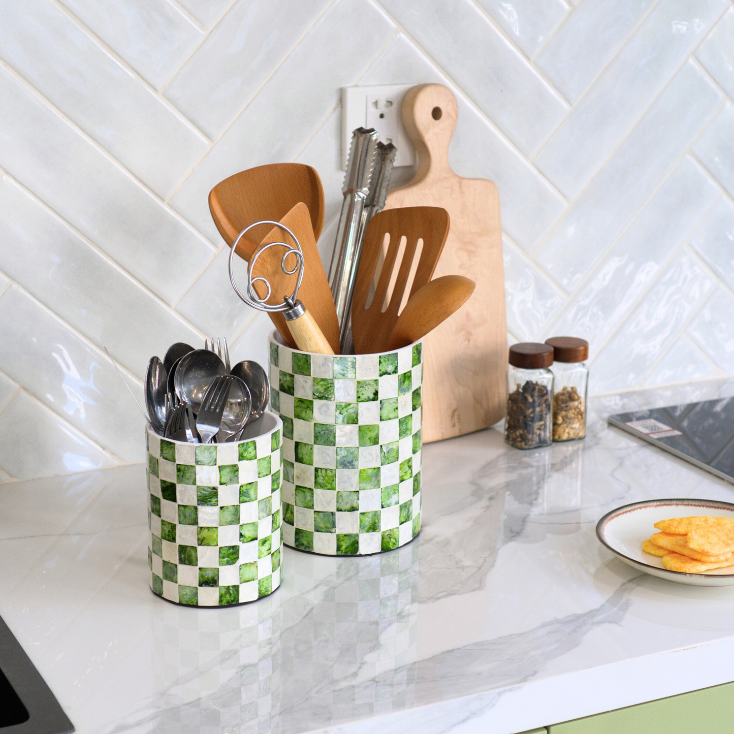 Set of 2 Checkered Capiz Shell Utensil Holders - Pistachio Green