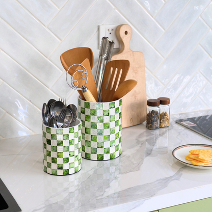 Set of 2 Checkered Capiz Shell Utensil Holders - Pistachio Green