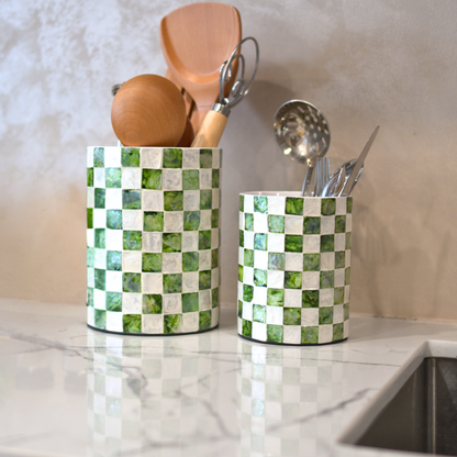 Set of 2 Checkered Capiz Shell Utensil Holders - Pistachio Green