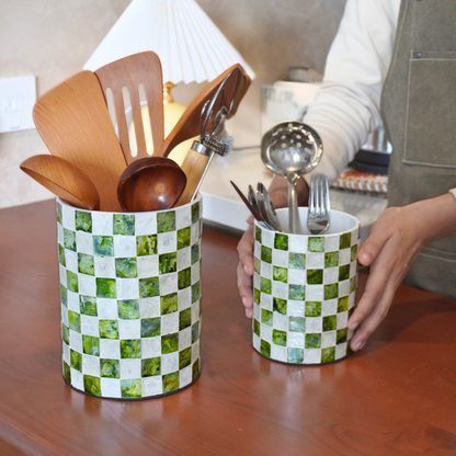 Set of 2 Checkered Capiz Shell Utensil Holders - Pistachio Green