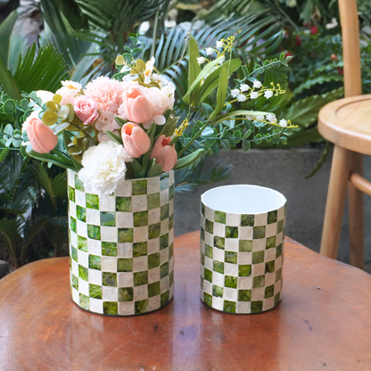 Set of 2 Checkered Capiz Shell Utensil Holders - Pistachio Green