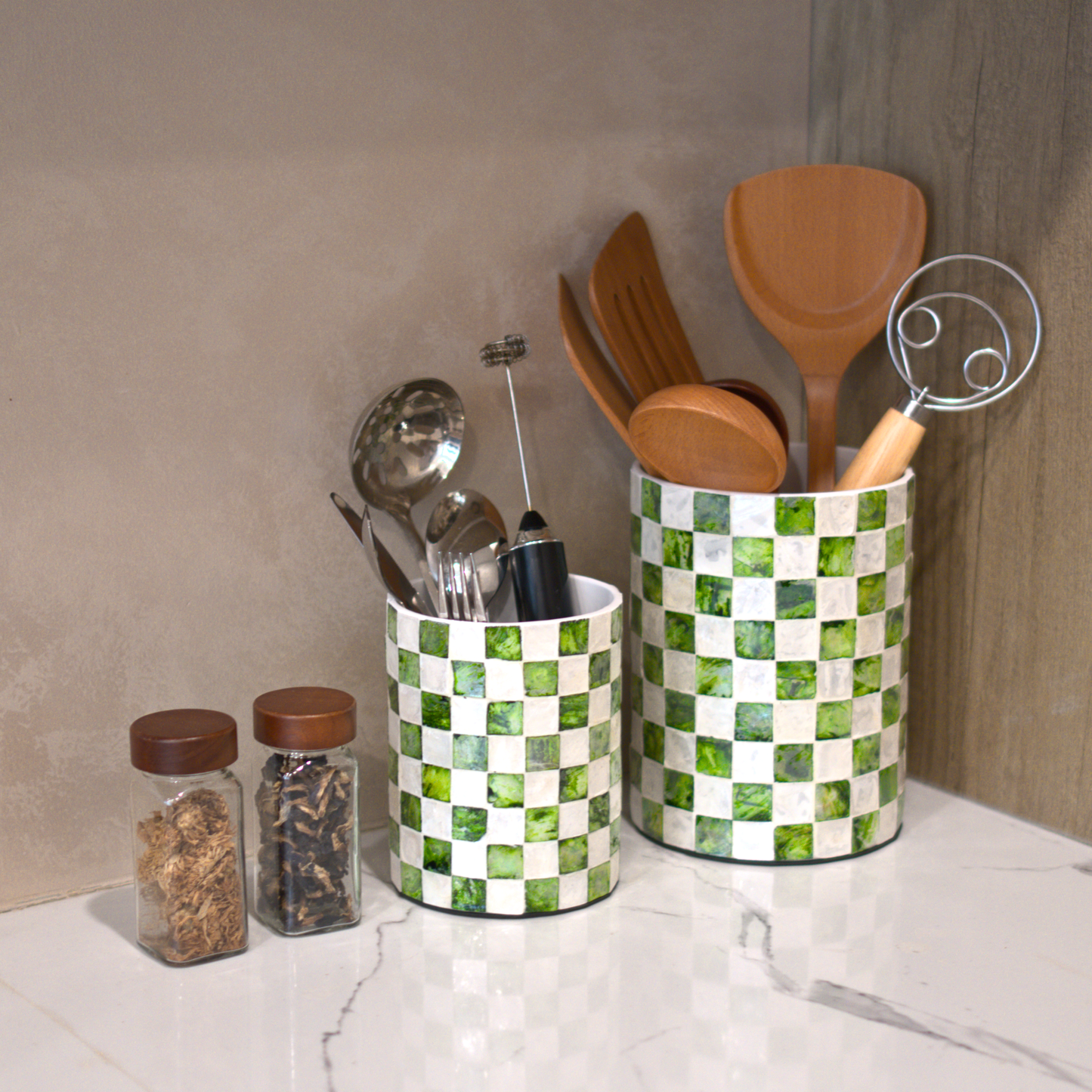 Set of 2 Checkered Capiz Shell Utensil Holders - Pistachio Green
