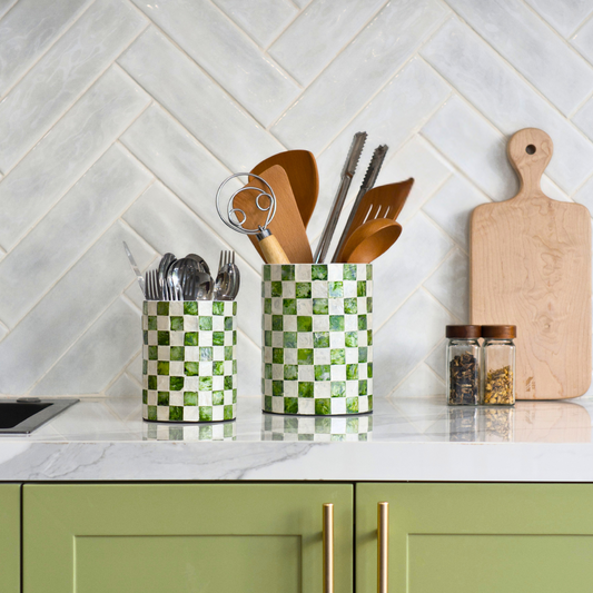 Set of 2 Checkered Capiz Shell Utensil Holders - Pistachio Green