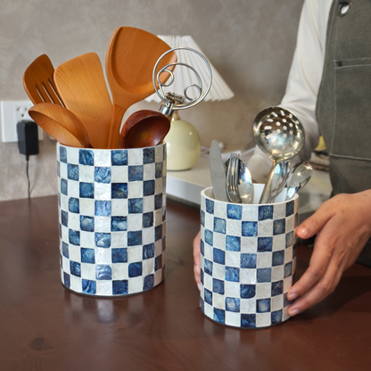 Set of 2 Capiz Checkered Utensil Holder - Navy Blue
