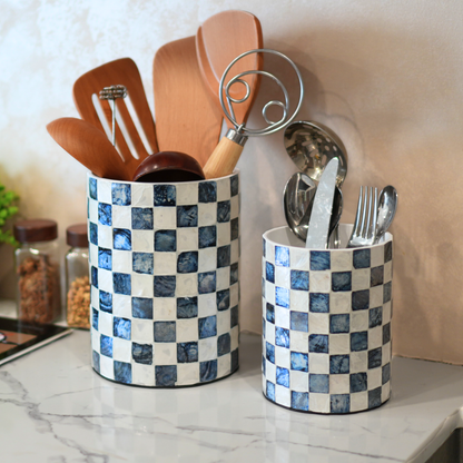 Set of 2 Capiz Checkered Utensil Holder - Navy Blue