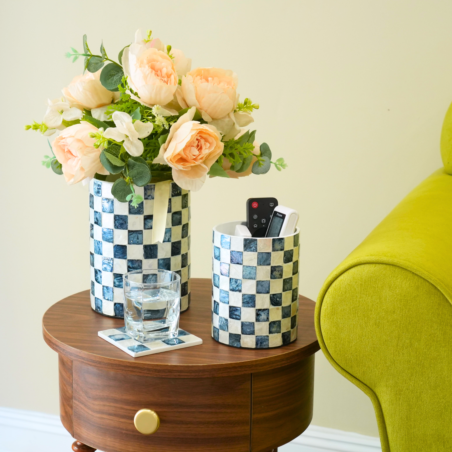 Set of 2 Capiz Checkered Utensil Holder - Navy Blue