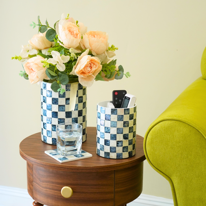 Set of 2 Capiz Checkered Utensil Holder - Navy Blue