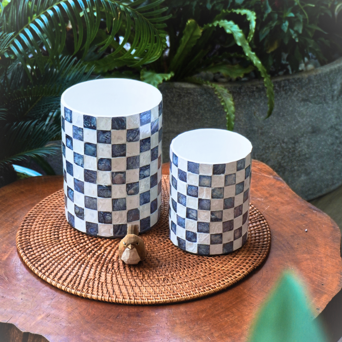 Set of 2 Capiz Checkered Utensil Holder - Navy Blue
