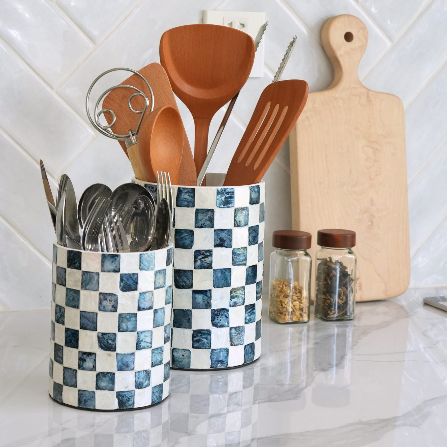 Set of 2 Capiz Checkered Utensil Holder - Navy Blue