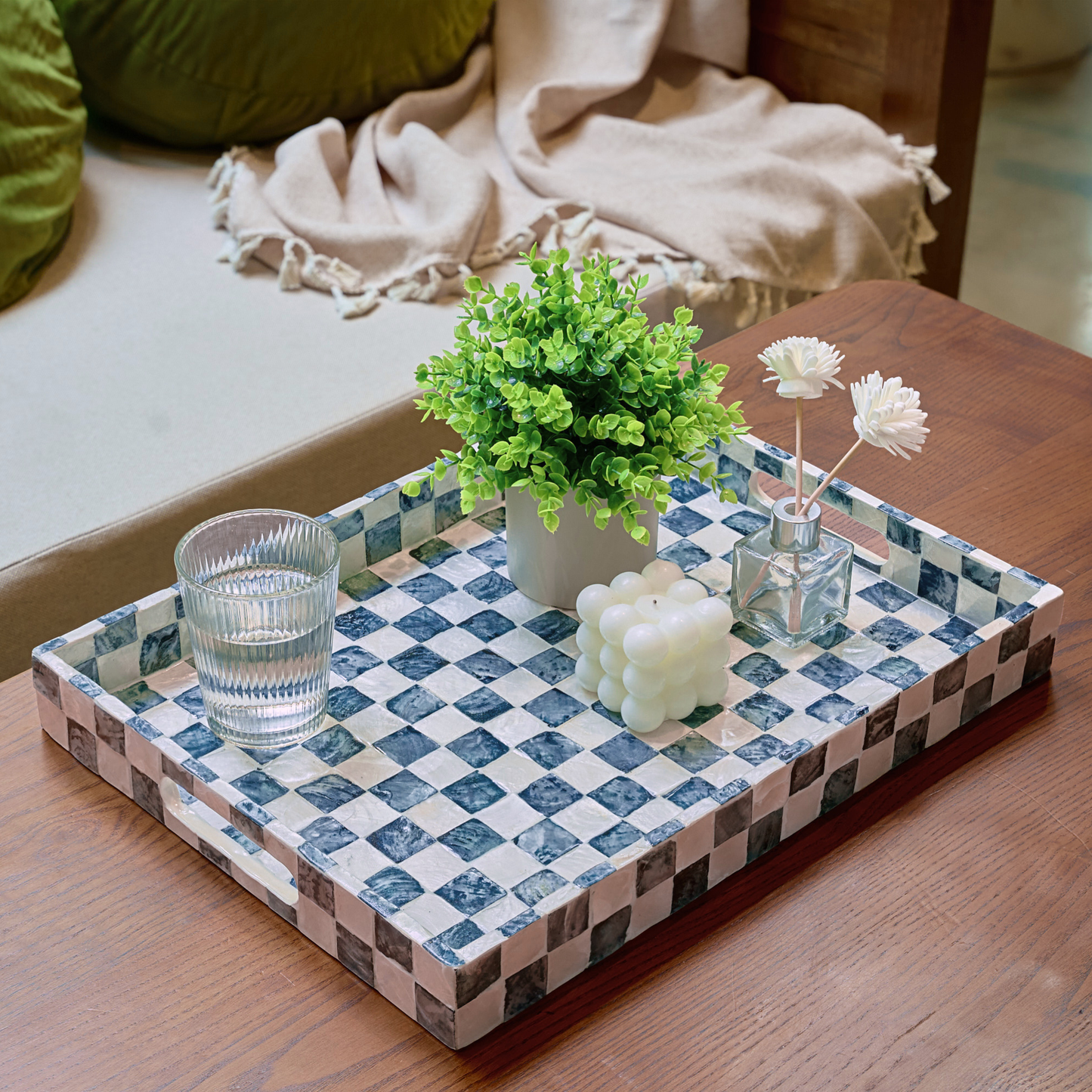 Capiz Shell Rectangular Serving Tray Navy Blue Checkered