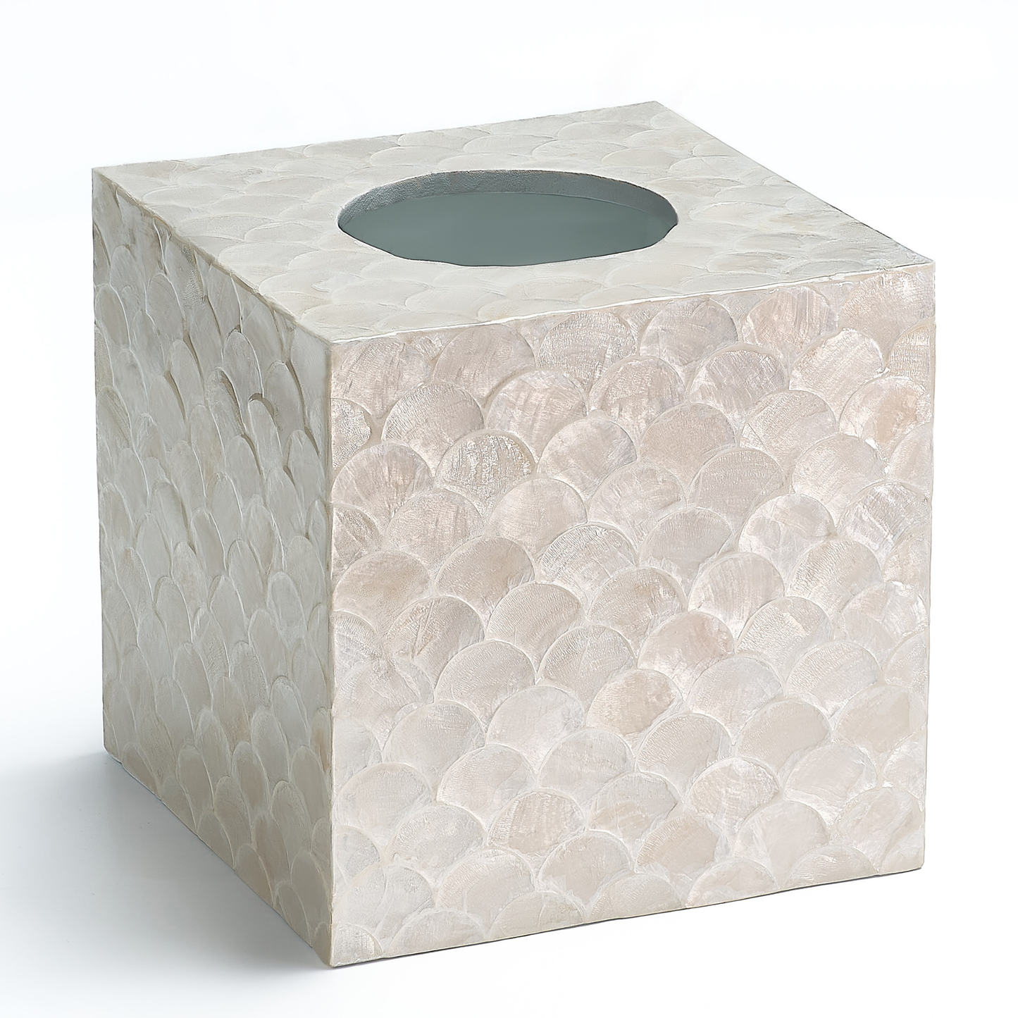 Square tissue box cover with shell pattern on a white background