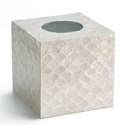 Square tissue box cover with shell pattern on a white background