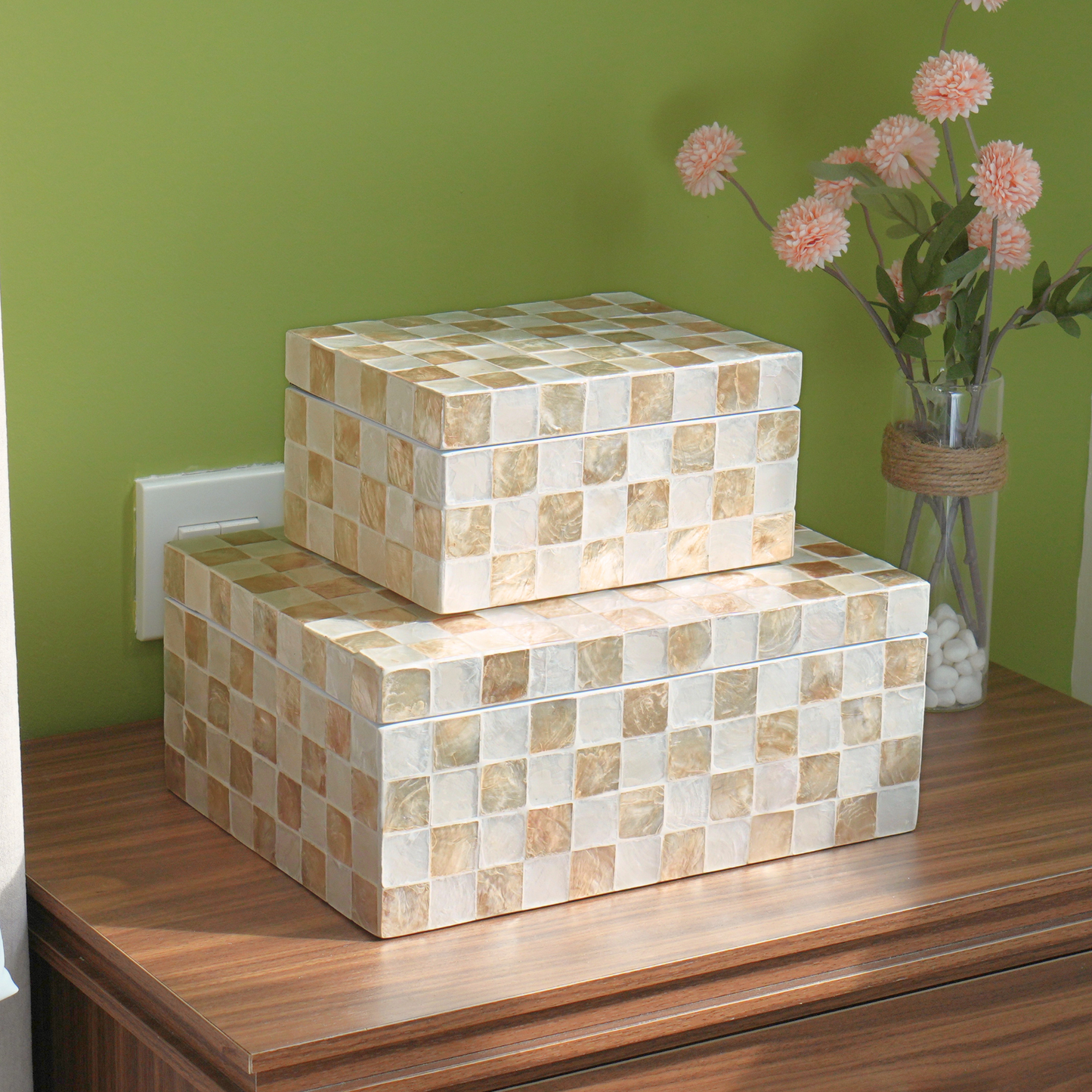 Set of 2 Rectangular Checkered Capiz Shell Storage Boxes Ivory
