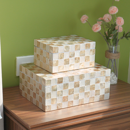 Set of 2 Rectangular Checkered Capiz Shell Storage Boxes Ivory