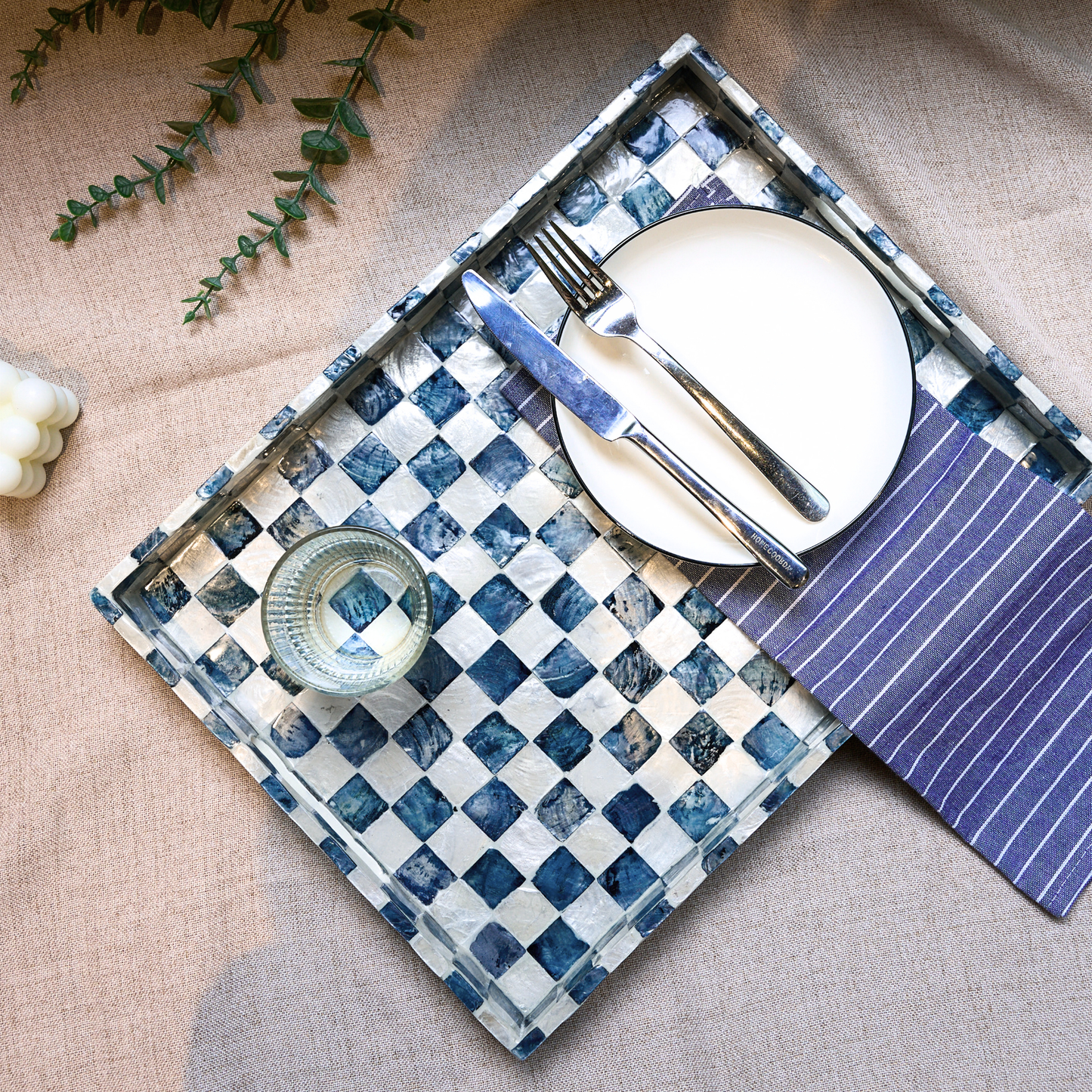 Capiz Shell Rectangular Serving Tray Navy Blue Checkered