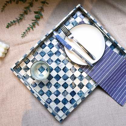 Capiz Shell Rectangular Serving Tray Navy Blue Checkered
