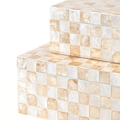 Set of 2 Rectangular Checkered Capiz Shell Storage Boxes Ivory